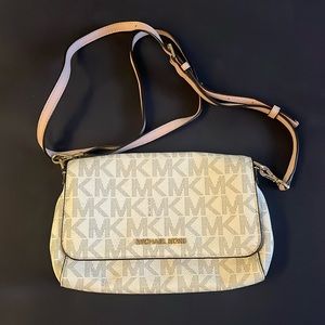 Michael Kors Cream Cross Body Bag With Pink Strap and Gold Accent